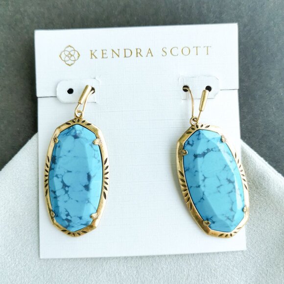 Kendra Scott - Elle Vintage Gold Variegated Turquoise Etch Frame Drop Earrings - Picture 1 of 3